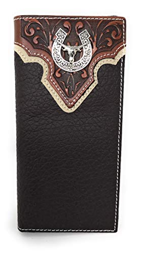 Western Tooled Genuine Leather Longhorn Spur Men's Long Bifold Wallet in 2 colors