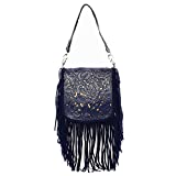 Western Genuine Leather Cowgirl Crossbody Messenger Fringe Laser Cut Purse Bag in 5 colors