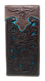 Western Genuine Leather Longhorn Tooled Laser Cut Men's Long Bifold Wallet in 6 colors