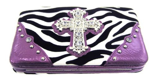Gorgeous! Soft Zebra Rhinestone Cross Flat Wallet Clutch Purse (purple)
