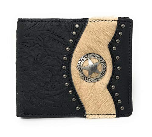 Western Genuine Tooled Leather Cowhide Cow Fur Star Mens Bifold Short Wallet in 2 colors