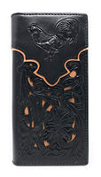 Western Genuine Leather Rooster Tooled Laser Cut Men's Long Bifold Wallet in 4 colors