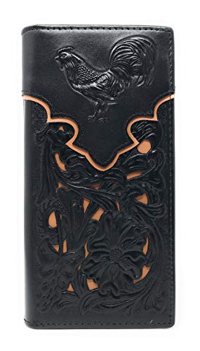 Western Genuine Leather Rooster Tooled Laser Cut Men's Long Bifold Wallet in 4 colors