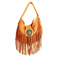 Western Cowgirl Concealed Carry Fringe Concho Agate Handbag Hobo Shoulder Handbag With Matching Wallet In Tan