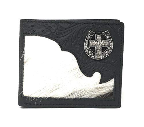Western Genuine Tooled Leather Cowhide Cow Fur Cross Mens Bifold Short Wallet in 2 colors