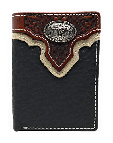 Western Tooled Genuine LeatherLonghorn Men's Short Trifold Wallet in 2 colors (Black)