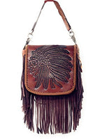 Western Genuine Leather Indian Head Cowgirl Crossbody Messenger Fringe Purse Bag in 4 colors