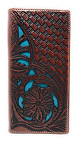 Western Genuine Leather Tooled Laser Cut Basketweave Men's Long Bifold Wallet in 8 colors