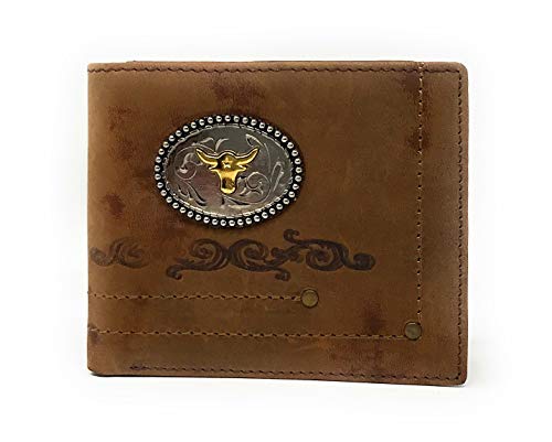Western Suede Genuine Tooled Leather Men's Short Wallet in Multi Emblem