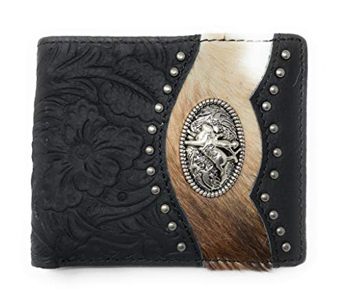 Western Genuine Tooled Leather Cowhide Cow Fur Rodeo Mens Bifold Short Wallet in 2 colors