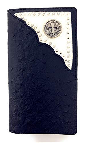 Western Mens Ostrich Genuine Leather Cross Long Cowhide Stud Bifold Wallet
