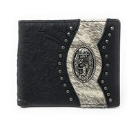 Western Genuine Tooled Leather Cowhide Cow Fur Praying Cowboy Mens Bifold Short Wallet in 3 colors