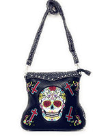 Western Sugar Skull Embroidered Rhinestone Cross Concealed Carry Crossbody Bag