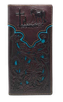 Western Genuine Leather Praying Cowboy Tooled Laser Cut Men's Long Bifold Wallet in 10 colors