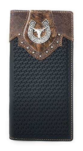 Texas West Men's Cow Fur Cowhide Genuine Leather Longhorn Basketweave Bifold Wallet in 2 Colors