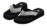 Women Flip Flop Flat Western Cross Wing Slipper Bling Rhinestone Sandals (S) Black