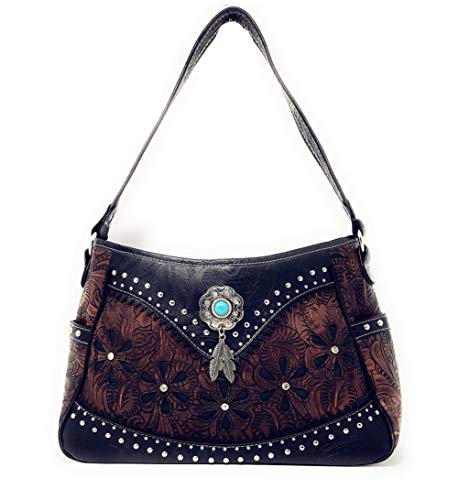 Western Tooled Leather Laser Cut Concealed Carry Feather Country Shoulder Handbag in 4 colors