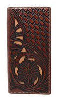 Western Genuine Leather Tooled Laser Cut Basketweave Men's Long Bifold Wallet in 8 colors