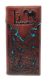 Western Genuine Leather Praying Cowboy Tooled Laser Cut Men's Long Bifold Wallet in 10 colors