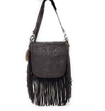 Western Genuine Leather Floral Tooled Fringe Womens Crossbody Bag 3 Color