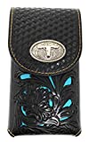 Texas West Western Cowboy Tooled Floral Leather Longhorn Concho Belt Loop Medium Cellphone Holster Case