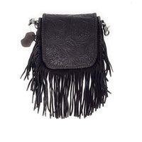 Western Genuine Leather Floral Tooled Fringe Womens Crossbody Bag 3 Color