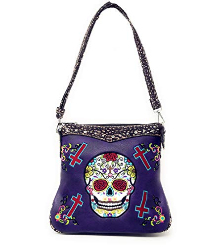 Western Sugar Skull Embroidered Rhinestone Cross Concealed Carry Crossbody Bag