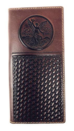 Premium Genuine Western Mens Embossed Basketweave Cowboy Long Wallet in Multi Emblem