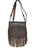 Western Genuine Leather Floral Tooled Fringe Womens Crossbody Bag 3 Color