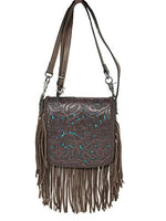 Western Genuine Leather Floral Tooled Fringe Womens Crossbody Bag 3 Color