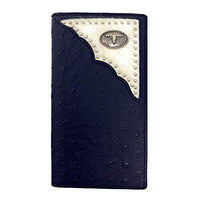 Western Mens Ostrich Genuine Leather Longhorn Long Cowhide Stud Bifold Wallet