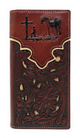 Western Genuine Leather Praying Cowboy Tooled Laser Cut Men's Long Bifold Wallet in 10 colors