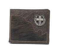Western Genuine Tooled Leather Cowhide Cow Fur Cross Mens Bifold Short Wallet in 2 colors