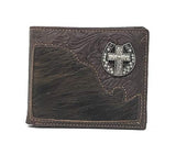 Western Genuine Tooled Leather Cowhide Cow Fur Cross Mens Bifold Short Wallet in 2 colors