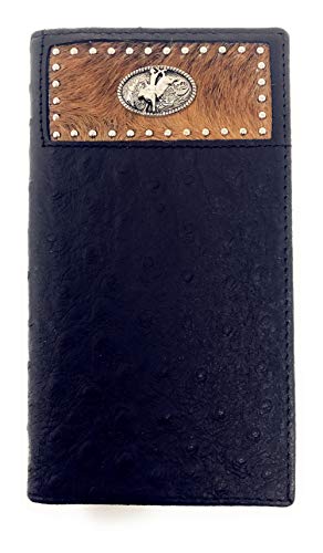 Western Men Black Genuine Leather Ostrich CowFur Metal Emblem Tooled Long Wallet
