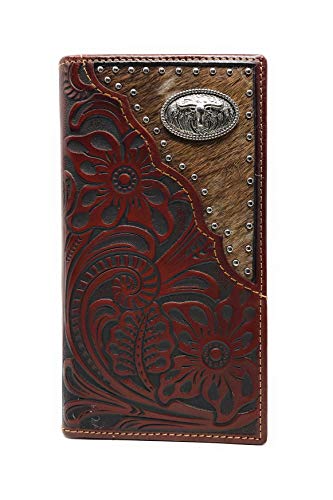 Western Tooled Genuine Leather Cowhide Cow fur longhorn Men's Long Bifold Wallet in 2 colors