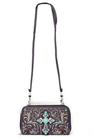 Western Laser Cut Floral Agate Cross Double Zipper Womens Wallet/Crossbody Bag