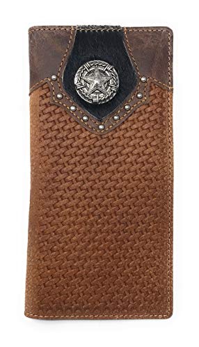 Texas West Men's Cow Fur Cowhide Genuine Leather Chrome Star Basketweave Bifold Wallet in 2 Colors