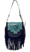 Western Genuine Leather Floral Tooled Fringe Womens Crossbody Bag 3 Color