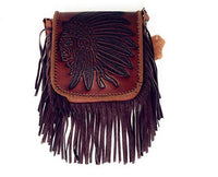 Western Genuine Leather Indian Head Cowgirl Crossbody Messenger Fringe Purse Bag in 4 colors