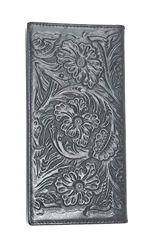 Premium Genuine Leather Floral Tooled Laser Cut Woven Men's Long Bifold Wallet in Multi-color (Plain Black)