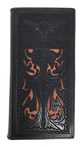 Western Men's Laser Cut Genuine Leather Longhorn Long Bifold Wallet