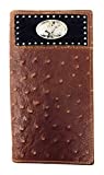 Western Men Brown Genuine Leather Ostrich CowFur Metal Emblem Tooled Long Wallet