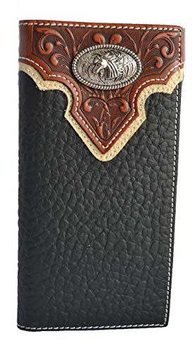 Horseshoe horse brown black concho long men bifold western genuine leather wallet (Black)