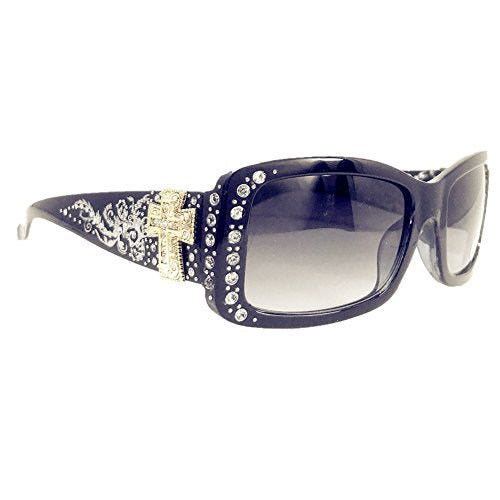 Texas West Womens Sunglass with Antiqued Ornate Cross And Rhinestones UV400 Lens in 2 colors