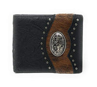 Western Genuine Tooled Leather Cowhide Cow Fur Praying Cowboy Mens Bifold Short Wallet in 3 colors