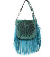 Western Genuine Leather Indian Head Cowgirl Crossbody Messenger Fringe Purse Bag in 4 colors