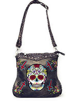 Western Sugar Skull Embroidery Rhinestone Cross Conceal Carry Crossbody Bag Set