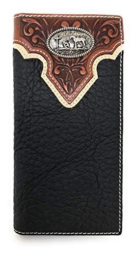 Western Tooled Genuine Leather Praying Cow Boy Men's Long Bifold Wallet in 2 colors