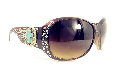 Texas West Women's Sunglasses With Bling Rhinestone UV 400 PC Lens in Multi Concho (Agate Cross Wing Brown)